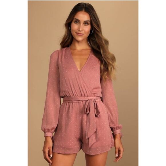 Lulus | Closer Look Dusty Rose Swiss Dot Romper Long Tie Sleeves Pink Medium - Picture 1 of 11